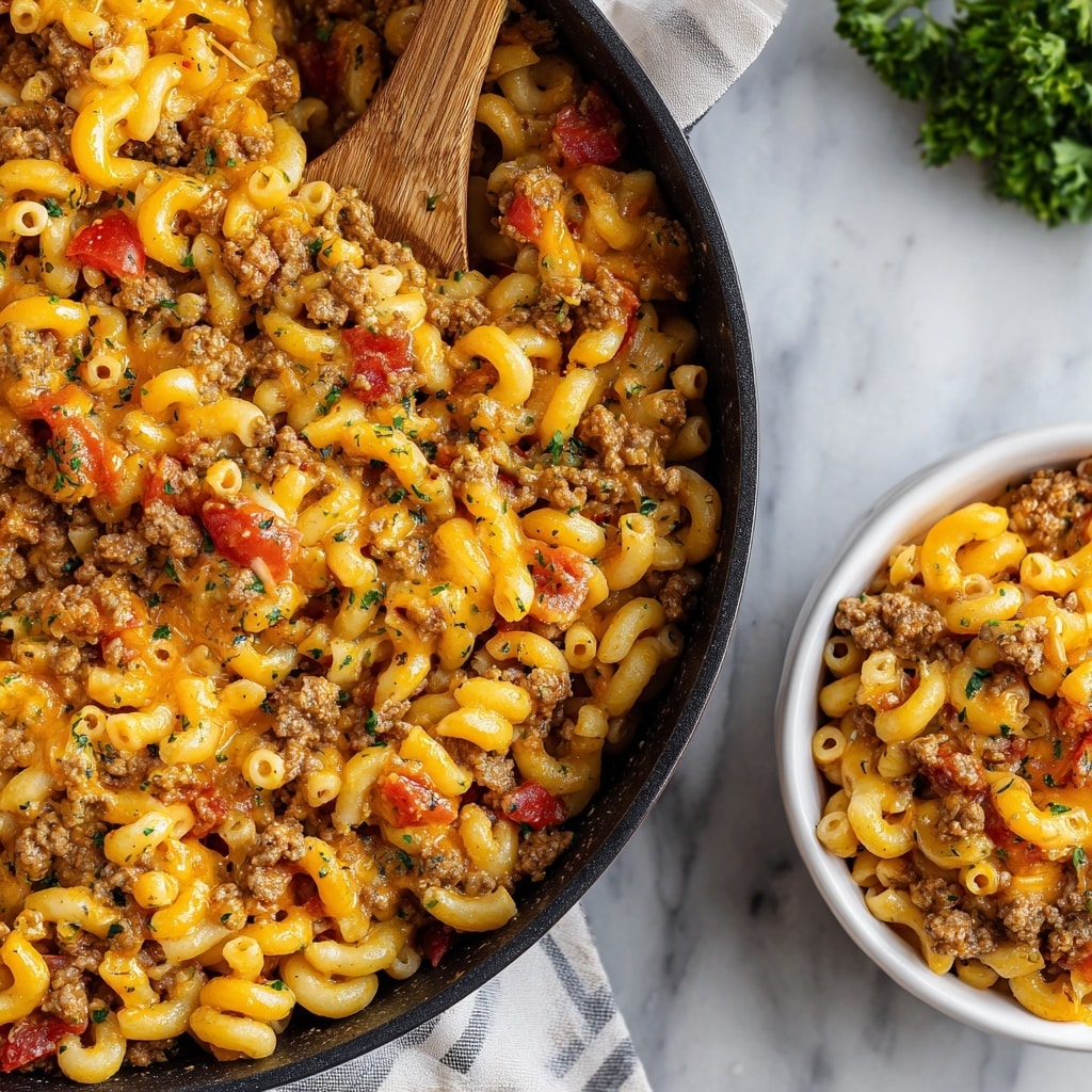 The image shows a close-up of a black pan filled with macaroni pasta mixed with melted cheddar cheese, browned ground meat, and small pieces of red tomato, all blended together in a creamy, rich sauce. The macaroni is light yellow and curved, the cheese is bright orange and gooey, sitting on top and mixed throughout. Scattered bits of green herbs add small touches of color on the dish. In the lower right corner, a white bowl holds a small serving of the same macaroni mixture, showing the layering of pasta, meat, tomato, and cheese. The background is a white marbled surface with some green parsley and a wooden spoon resting in the pan. Photo taken with an iphone --ar 4:5 --v 7