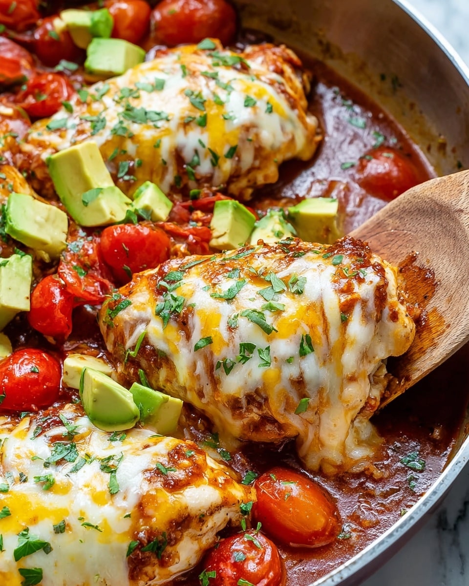 The close-up image shows cooked chicken breasts covered with melted yellow and white cheese on top, garnished with small pieces of chopped green herbs. The chicken rests in a thick, rich red sauce mixed with halved bright red cherry tomatoes and chunks of light green avocado. A wooden spatula is lifting one piece of chicken, exposing its juicy and tender texture with some browned spots. The whole dish sits in a pan against a white marbled background, with the sauce and toppings slightly bubbling around the edges. photo taken with an iphone --ar 4:5 --v 7
