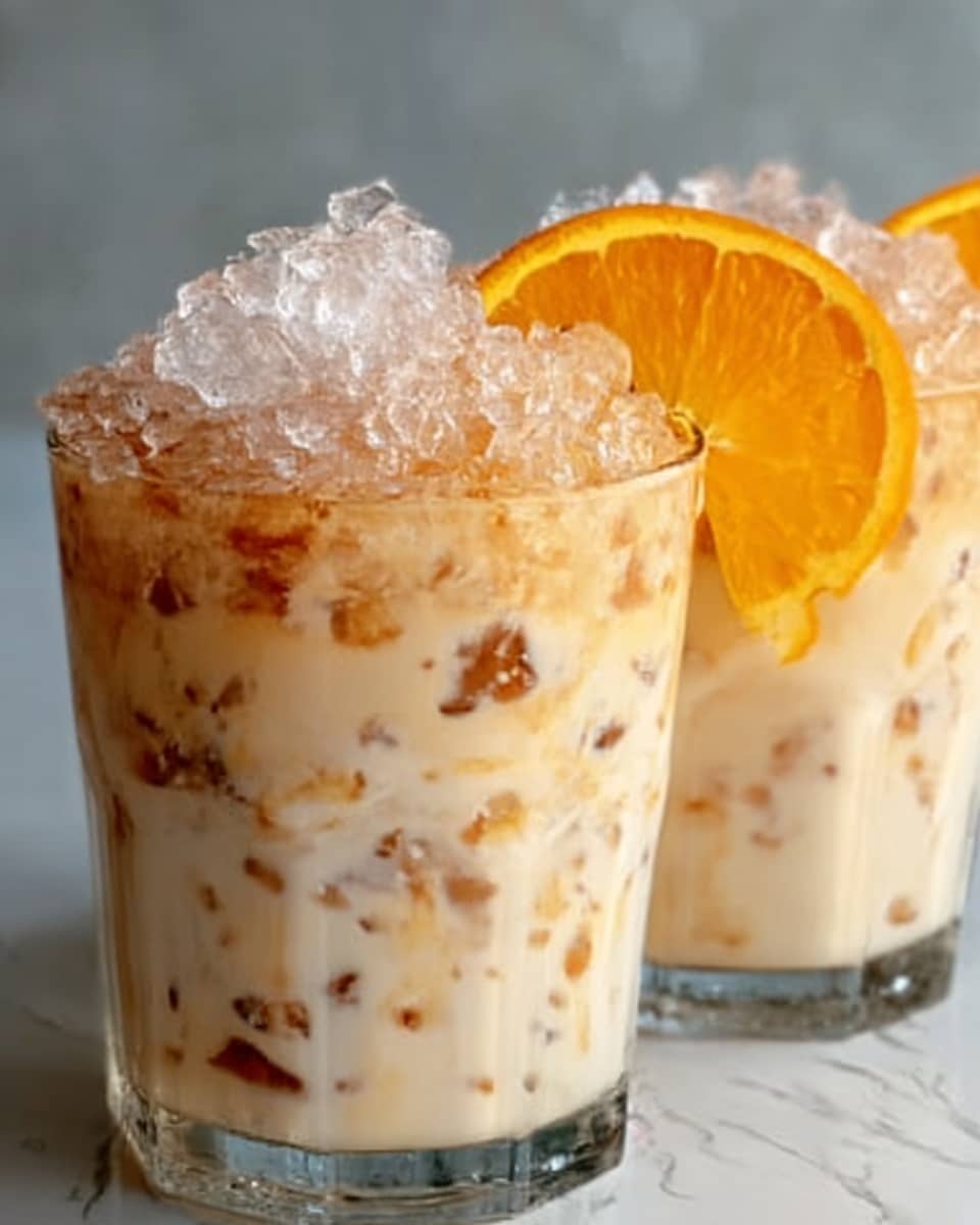 The image shows two clear glasses filled with a creamy drink that has visible chunks of ice and spices mixed throughout. Each glass is topped with a generous pile of crushed ice, soft and glistening, with an orange slice placed on the rim for decoration. The drink layers show a smooth, pale off-white base with dark specks of what looks like cinnamon or nutmeg spread all over inside the liquid. The background has a white marbled texture that brightens the overall appearance. photo taken with an iphone --ar 4:5 --v 7