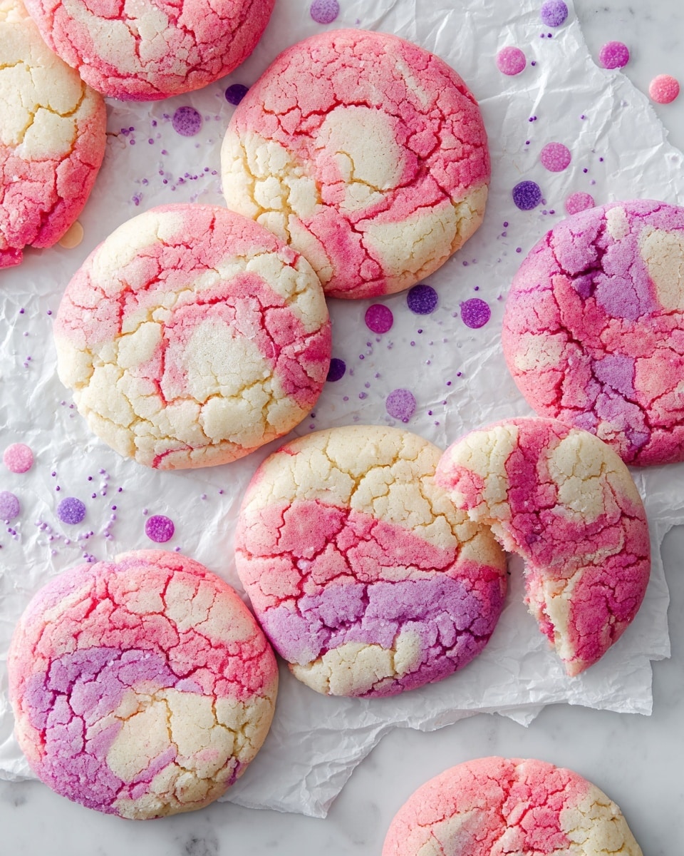 The image shows a group of round, soft cookies with a cracked surface, arranged on white parchment paper over a white marbled texture. Each cookie is swirled with three colors: light pink, dark pink, and creamy white, creating a marbled effect. The cookies vary in size, with some stacked in pairs and one cookie at the top broken in half revealing its soft inside. Small purple and pink round sprinkles are scattered around the cookies on the parchment paper and marbled surface. The overall look is soft and colorful with a neat but casual arrangement. Photo taken with an iphone --ar 4:5 --v 7