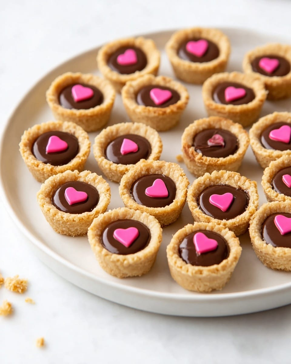 A white plate with about fifteen small tartlets arranged closely, each tartlet has three layers: a golden-brown crust at the bottom and sides with a crumbly texture, a smooth dark brown chocolate filling in the middle, and a small bright pink heart shape on top, centered in each tartlet. The plate sits on a white marbled surface, and a few tartlets are scattered around the plate edges. The scene is bright and softly lit, showing the details of the tartlets clearly. Photo taken with an iphone --ar 4:5 --v 7