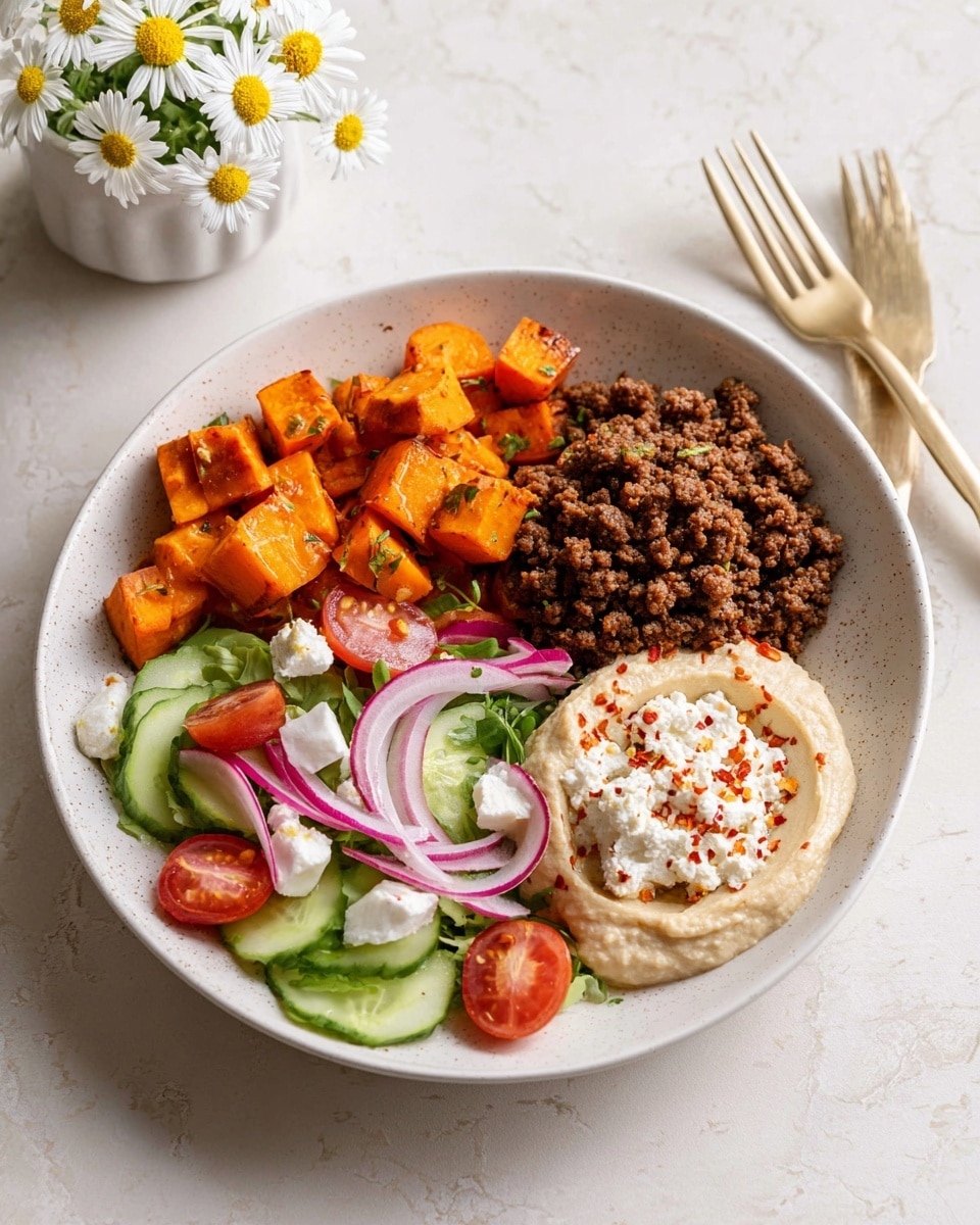 The image shows two white round plates on a white marbled surface, each containing a balanced meal with four distinct sections. One section holds small, bright orange roasted sweet potato cubes with a slightly crispy texture. Next to it is a brown, crumbly, cooked ground meat layer, dense and rich. Adjacent is a creamy beige hummus layer topped with white cottage cheese sprinkled with red chili flakes, creating a soft, textured contrast. The last section contains a fresh salad with bright green cucumber slices, thinly sliced radishes, halved cherry tomatoes, black olive pieces, and some light purple onion slices. To the side, there is a small white bowl with delicate white and yellow chamomile flowers, and two white-handled forks with gold prongs lie nearby. The overall setting is clean and bright. photo taken with an iphone --ar 4:5 --v 7