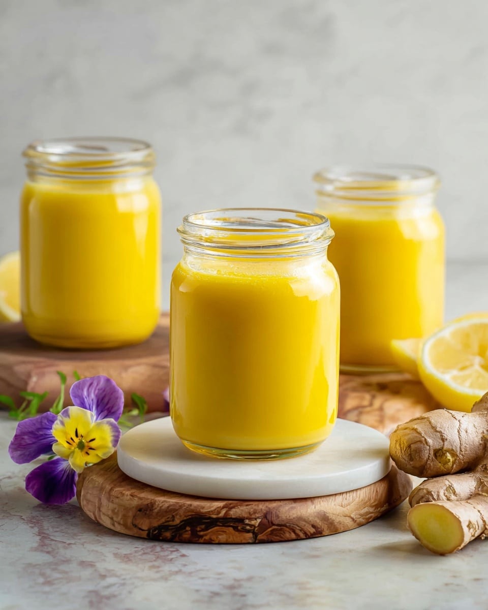 The image shows three clear glass jars filled with a smooth, bright yellow liquid that looks thick and creamy. The jar in the front is on a small, round white marble slab, with a single yellow and purple flower and a slice of lemon placed nearby. Behind it, two more jars sit on a wooden board with light brown tones, next to a piece of fresh ginger root and a small cluster of white flowers. The scene is set against a white marbled background. photo taken with an iphone --ar 4:5 --v 7