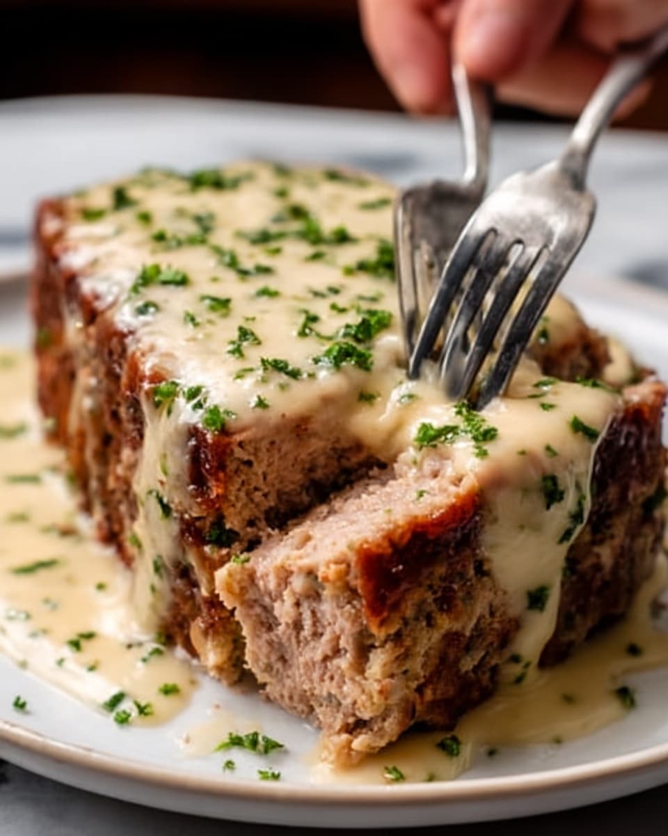 The image shows a thick meatloaf with a rough, brown outer crust and a pinkish, finely textured inside, sliced on a white plate. It is topped with a smooth, light beige creamy sauce that drips down the sides, sprinkled with small green herb bits. A fork held by a woman's hand is pressing gently into the meatloaf’s surface. The background has a white marbled texture. Photo taken with an iphone --ar 4:5 --v 7