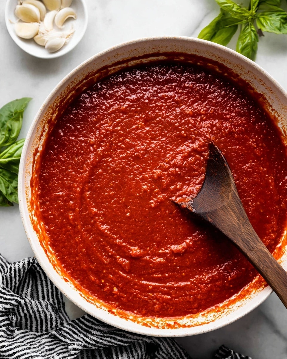 A close-up top view of a white pan filled with thick, smooth, and rich red tomato sauce, showing a wooden spoon partially dipped on the right side, spreading the sauce slightly, with visible small tomato bits in its texture. The pan sits on a white marbled surface with a striped cloth beneath, and in the top left corner, a small brown bowl holds sliced white garlic cloves, while fresh green basil leaves are scattered nearby for contrast. Photo taken with an iphone --ar 4:5 --v 7