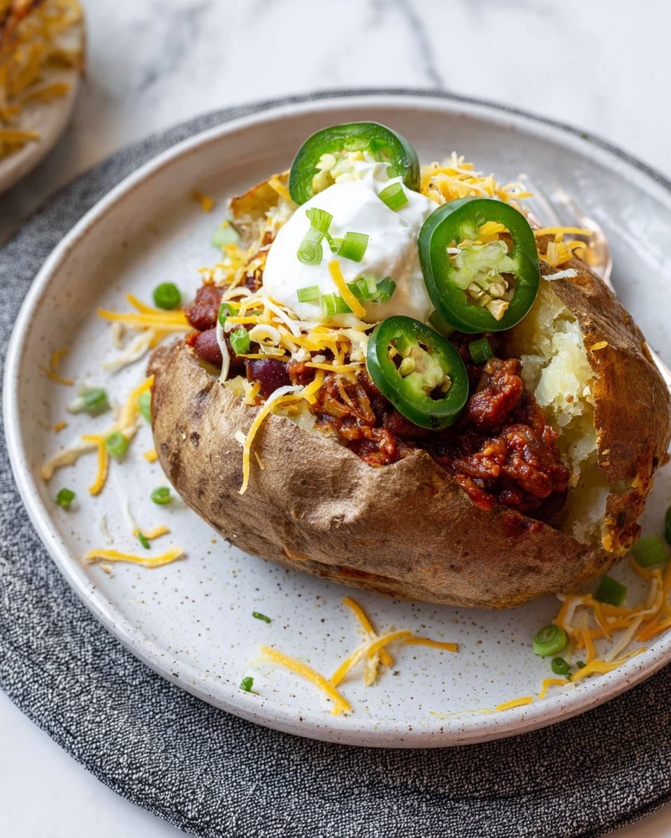 A large baked potato with a brown and slightly rough skin sits open on a white speckled plate. Inside the potato, there is a layer of chunky red chili with beans, topped with shredded yellow and white cheese scattered unevenly. On top of the cheese, there are several slices of green jalapeño peppers with visible seeds and a dollop of white sour cream in the center. Small pieces of finely chopped green onions are sprinkled over the sour cream and cheese. The plate is placed on a gray textured round mat, all set against a white marbled surface. Photo taken with an iphone --ar 4:5 --v 7