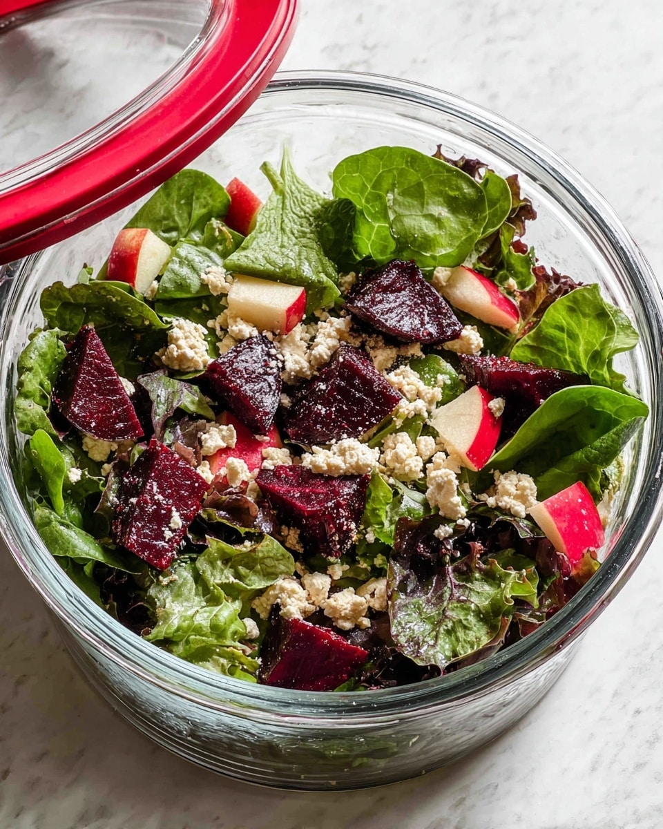 A fresh salad is shown in a clear glass container on a white marbled surface. The salad has several layers: at the base are dark and bright green leafy greens with smooth and slightly crinkled textures; scattered on top are deep red chunks of roasted beets with a glossy, cooked look; small cubes of light red apple pieces are mixed throughout; sprinkled all over are small crumbles of light beige tofu, adding a rough texture contrast. The container's lid with a red rim is placed nearby. Photo taken with an iphone --ar 4:5 --v 7