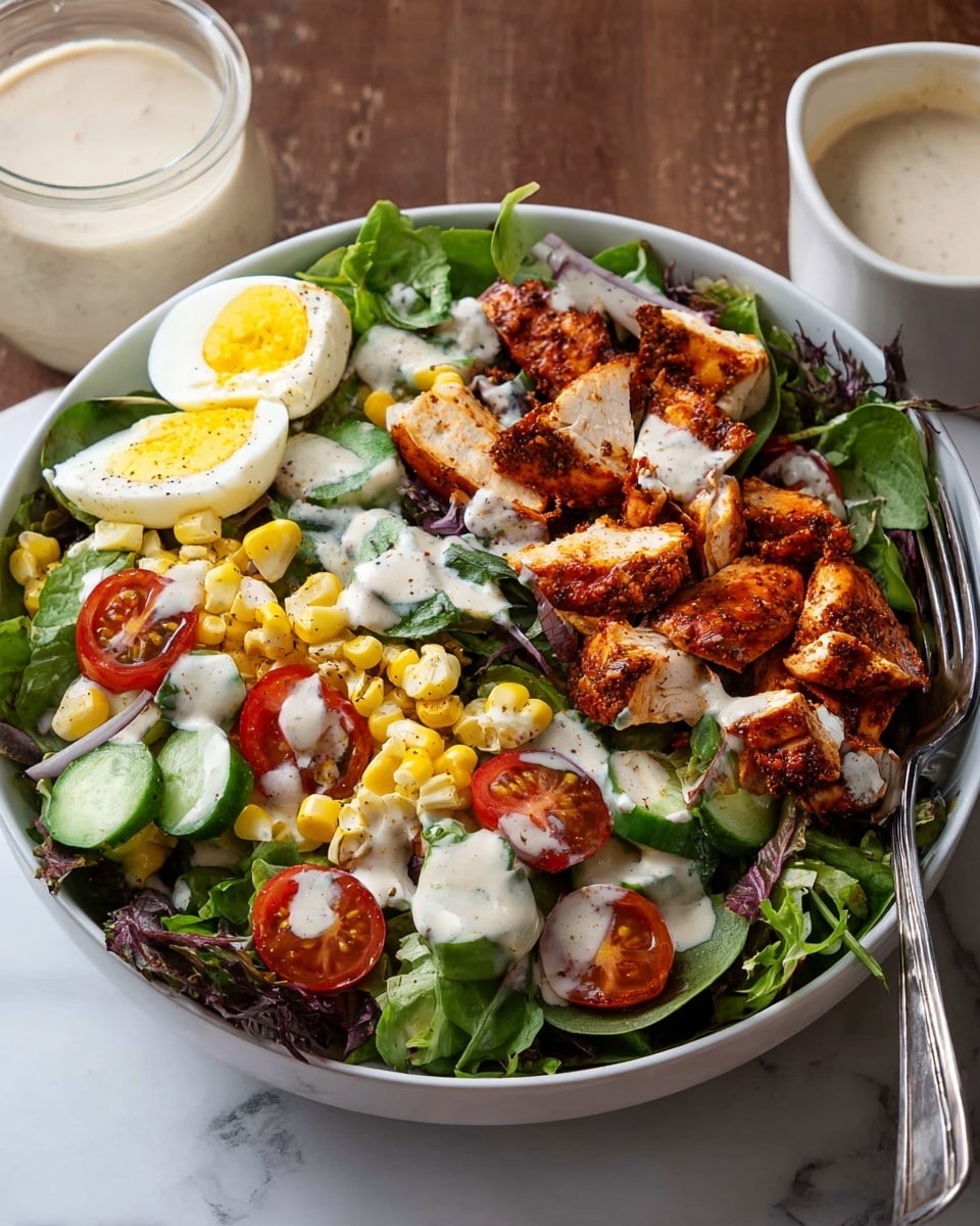 A white bowl filled with a fresh salad, starting with a base layer of mixed green leafy vegetables that have a slightly curly texture placed at the bottom. On top, there are distinct sections: bright yellow cooked corn kernels, sliced green cucumbers with their skin on about three slices visible, halved red cherry tomatoes showing their juicy interior, and thinly sliced white cabbage or shredded cheese. In the center, there is a generous pile of grilled chicken pieces with a browned and slightly charred texture, and around the edges, halved hard-boiled eggs with vibrant yellow yolks and smooth white edges. The bowl sits on a white marbled surface, and a woman's hand is holding a wooden spoon resting inside the bowl. photo taken with an iphone --ar 4:5 --v 7