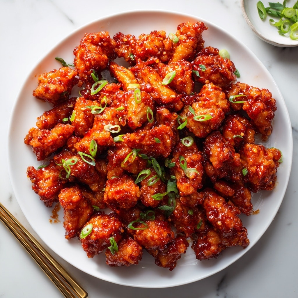 A white plate piled with many pieces of crispy fried chicken coated in a shiny, sticky red-orange sauce. The chicken pieces vary in shape and size, showing a crunchy texture beneath the sauce. Small slices of light green scallions are scattered on top, adding a fresh contrast. The plate is placed on a white marbled surface with a pair of golden chopsticks lying next to it and a few extra slices of scallion nearby. photo taken with an iphone --ar 4:5 --v 7