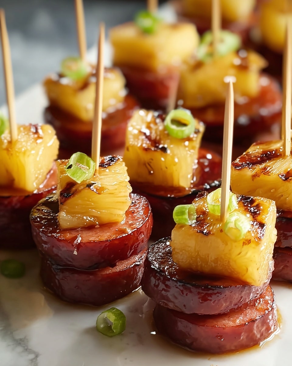 The image shows bite-sized appetizers made of two layers, each held together by vertical wooden skewers. The bottom layer consists of thick, reddish-brown sausage slices with a slightly shiny, glazed surface. On top of each sausage slice is a golden yellow grilled pineapple chunk with visible char marks and a glossy texture, creating a juicy and fresh appearance. In the background, there are small bits of green onion used as garnish on some pieces. The appetizers are arranged close together on a white plate set on a white marbled surface. The lighting highlights the moist texture of both sausage and pineapple, giving an inviting look. Photo taken with an iphone --ar 4:5 --v 7