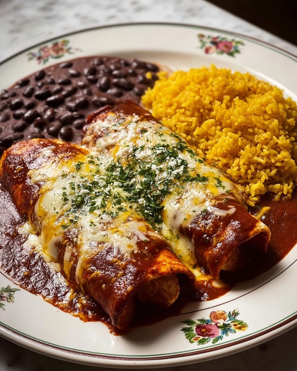 The image shows two rolled enchiladas placed side by side on a white plate with a delicate blue and green pattern around the edge. Each enchilada is covered fully with a rich, deep red enchilada sauce that pools slightly around them, topped with melted cheese that is a mix of white and light yellow hues. A sprinkle of chopped green herbs is spread evenly on top of the cheese. To the top right of the enchiladas, there is a generous serving of bright orange Mexican rice with clear, separated grains. To the top left, a portion of dark brown pinto beans fills the space with a slightly shiny texture. The plate sits on a white marbled surface, and the warm lighting brings out the rich colors and textures of the dish. Photo taken with an iphone --ar 4:5 --v 7