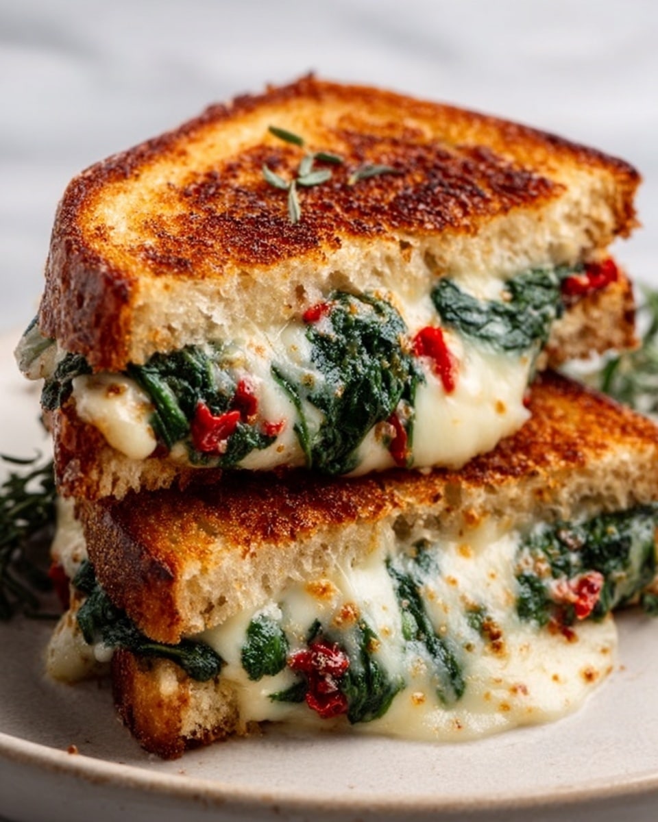 A close-up of two stacked grilled cheese sandwiches on a white plate shows golden brown toasted bread with a crunchy texture. Inside, there are two visible layers of melted white cheese, bubbling and soft, with cooked spinach and small pieces of red pepper that add green and red colors. The background is a white marbled texture, and the sandwiches are cut diagonally to show the creamy filling inside. photo taken with an iphone --ar 4:5 --v 7