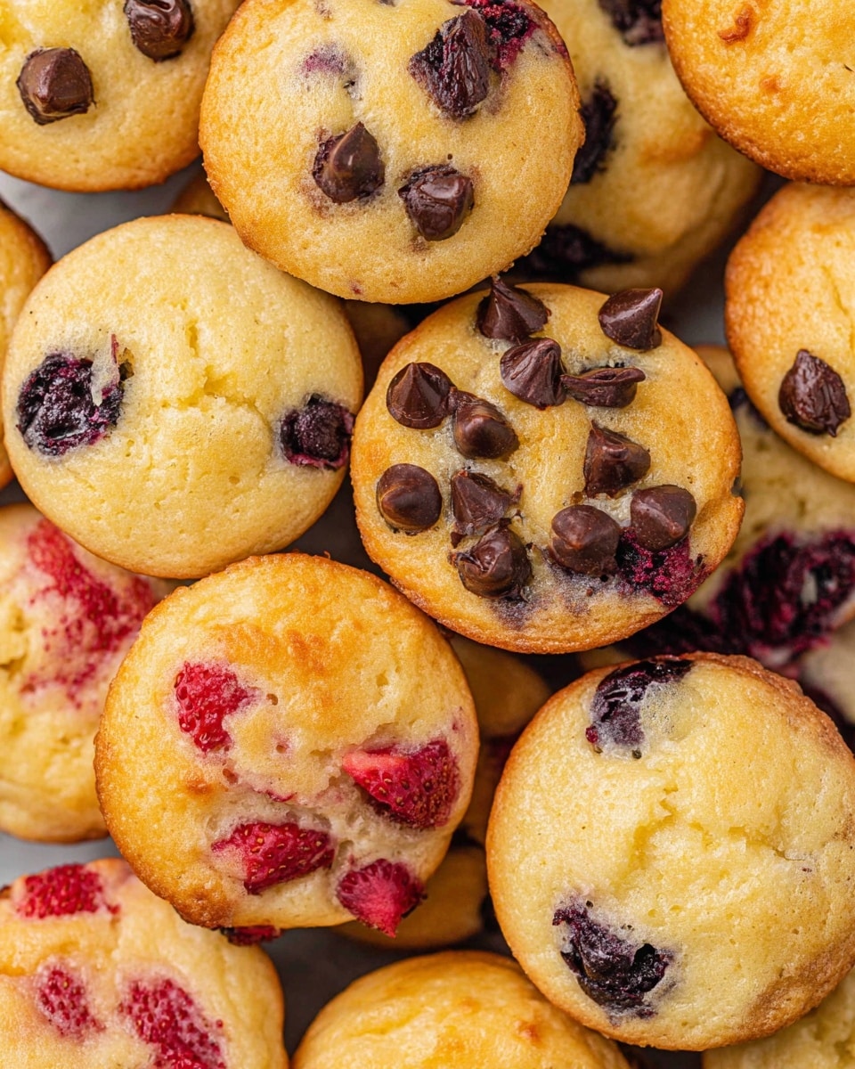 The image shows a woman’s hand holding a small chocolate chip muffin being dipped into a white ceramic ramekin filled with a dark syrup. The muffin is light golden with melted chocolate chips on top and a slightly crispy edge. The ramekin sits in the center of a white square plate on a white marbled surface. Around the ramekin are several small muffins, some with visible chunks of strawberry and others with chocolate chips, all golden and soft-textured. The syrup drips down from the muffin, creating a thin stream just above the ramekin. Photo taken with an iphone --ar 4:5 --v 7