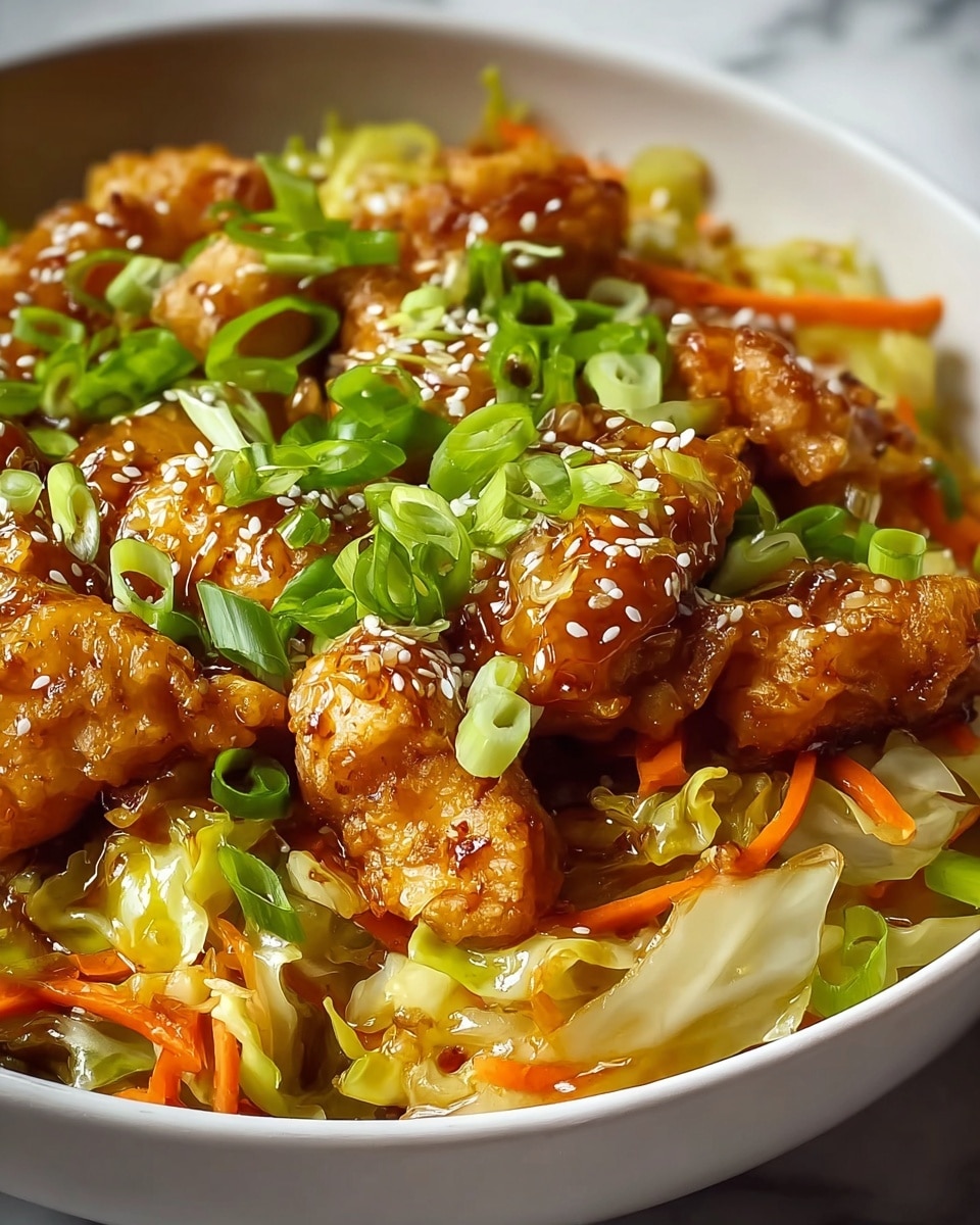 This image shows a close-up view of a stir-fry dish in a black pan, with several layers of food. The bottom layer consists of glossy, cooked pieces of chicken that are light brown with a shiny sauce coating. Mixed throughout are layers of vegetables: green celery slices, pale translucent onion chunks, bright orange carrot strips, and some fresh green chives on top. Red chili flakes are scattered across the dish, adding splashes of deep red color and a slightly rough texture. The dish is full and colorful, with a mix of smooth, shiny, and slightly crisp textures. The background is a white marbled texture. photo taken with an iphone --ar 4:5 --v 7
