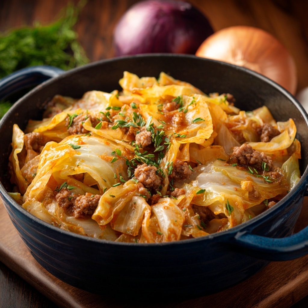 A close-up view of a wooden spoon filled with a stew-like dish showing two main layers; the first layer is chunky cooked ground meat in small brown pieces, mixed evenly with the second layer of soft, cooked cabbage leaves in light yellow and pale green shades, all covered lightly with a glossy, rich brown sauce. Small pieces of green herbs are sprinkled on top, adding a fresh pop of color. The background shows a blurred continuation of the stew with similar textures and colors on a white marbled surface. Photo taken with an iphone --ar 4:5 --v 7