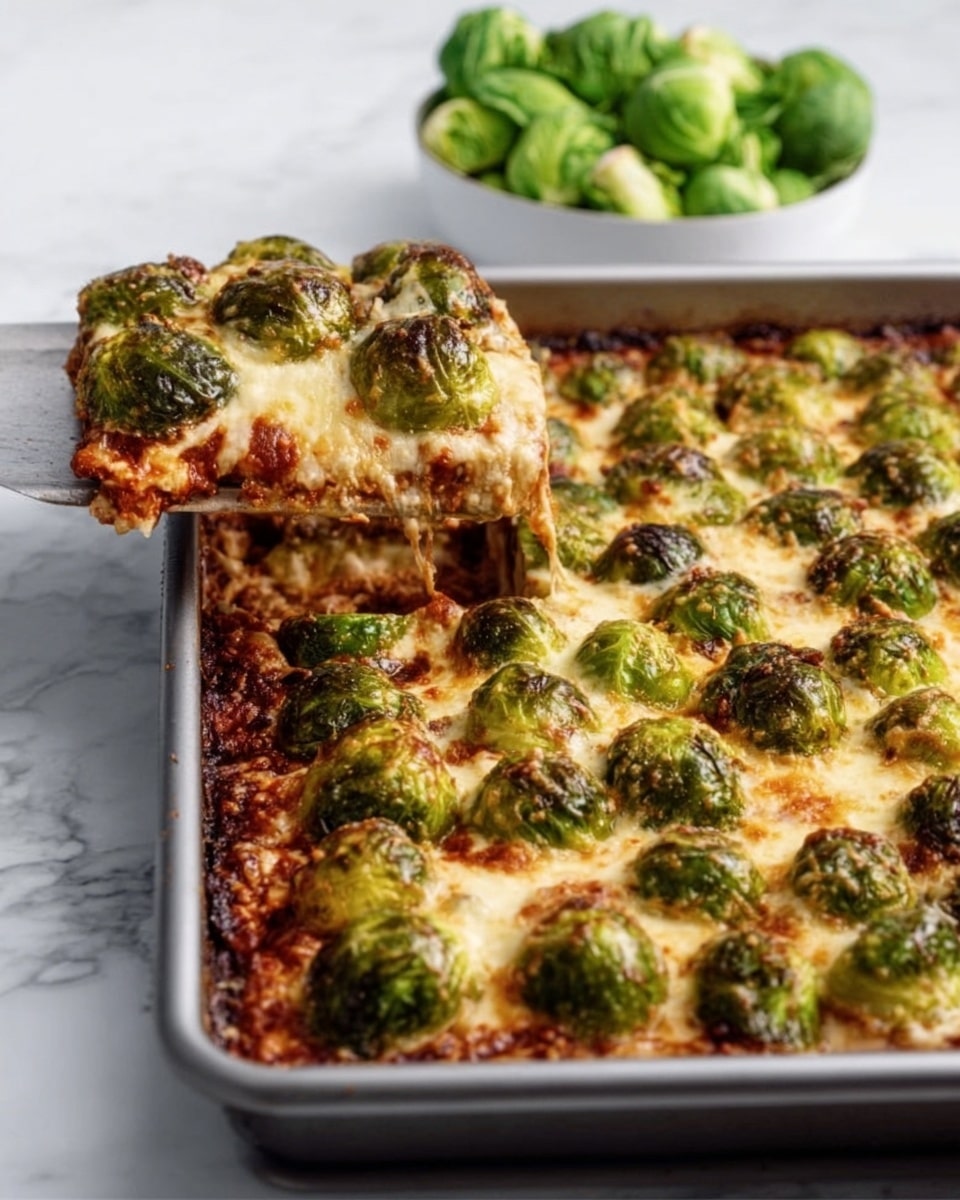 A woman's hand is holding a small, crispy, golden-brown piece of food with a rough texture and some burnt spots. In the background, there is a white baking tray filled with many small, round, green roasted Brussels sprouts, each having some charred edges and a slightly shiny surface from oil. The entire scene is set on a white marbled textured surface. photo taken with an iphone --ar 4:5 --v 7