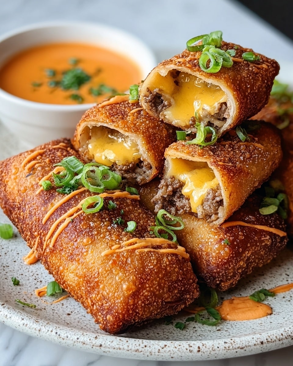 A stack of golden-brown crispy egg rolls sits on a white plate, their bubbly, crunchy exterior glistening with a drizzle of red sauce. The top egg roll is cut in half, revealing multiple layers inside: a thin, light golden wrapper enclosing a filling of finely chopped brown meat mixed with small pieces of orange carrot and green scallions. Green scallion pieces are scattered on and around the egg rolls, adding a fresh pop of color. The plate rests on a white marbled surface, giving a clean and bright background to the rich colors and textures of the egg rolls. photo taken with an iphone --ar 4:5 --v 7