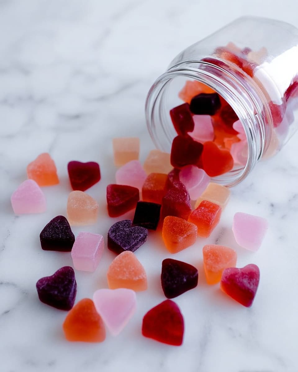 A glass jar tipped over on its side spilling colorful gummy candies onto a white marbled surface. The candies are a mix of heart shapes and small cubes in shades of red, orange, pink, and dark purple with a shiny, smooth texture. The jar is clear, showing the candies inside, and the scattered gummies create a playful and inviting scene. Photo taken with an iphone --ar 4:5 --v 7