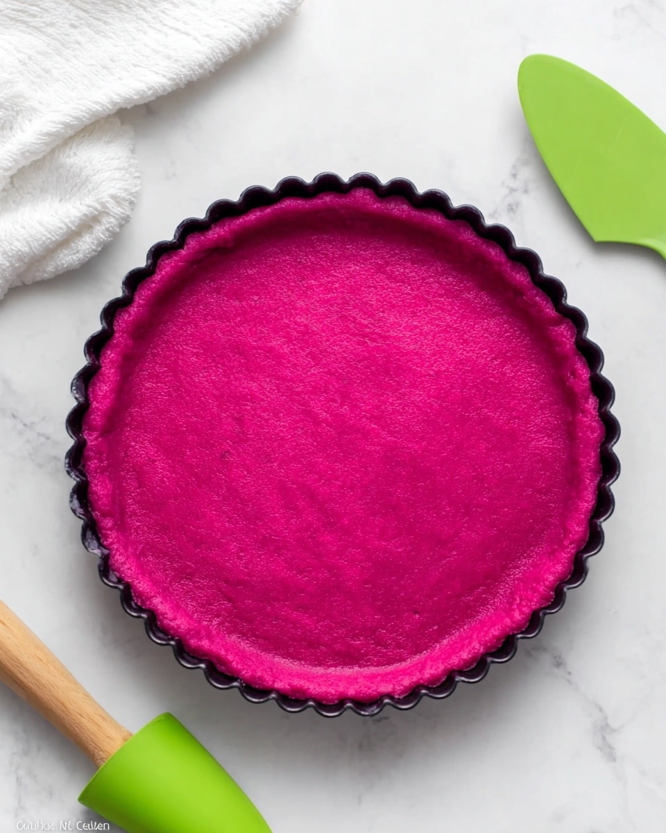 A tart shell with a bright magenta dough evenly pressed inside a black fluted tart pan, showing a smooth and uniform texture covering the bottom and sides, sitting on a white marbled surface. A green spatula with a wooden handle lies nearby, along with a white cloth partially visible at the top left corner. Photo taken with an iphone --ar 4:5 --v 7