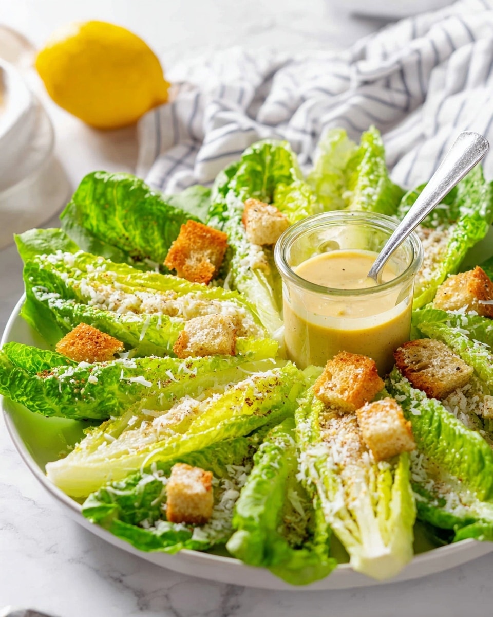 The image shows a fresh Caesar salad with six bright green romaine lettuce leaves arranged in a circle on a white plate over a white marbled texture. The lettuce leaves are lightly coated with dressing and sprinkled with grated white cheese and black pepper. Scattered golden brown croutons sit on top of the leaves. In the center of the plate, there is a small clear glass jar filled with a thick, creamy light yellow dressing, with a silver spoon inside. In the background, half a lemon and a folded white cloth with blue stripes are slightly blurred. Photo taken with an iphone --ar 4:5 --v 7