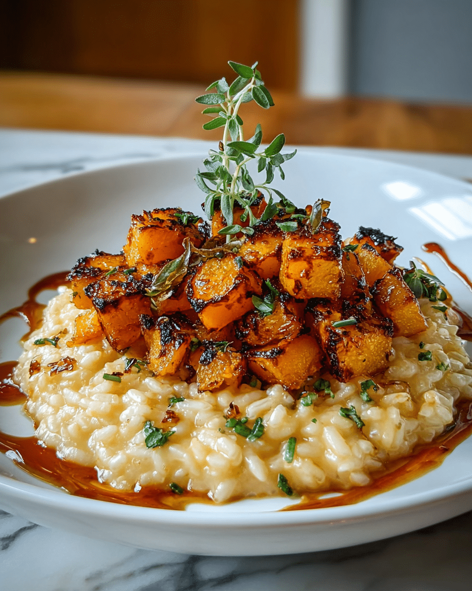 A white deep plate holds a creamy beige risotto base with a soft, slightly glossy texture and small grains of rice visible throughout. On top, a generous layer of caramelized, golden-brown roasted pumpkin cubes with a slightly charred, crisp edge is arranged in a small mound. The dish is garnished with finely chopped fresh green herbs scattered over both the risotto and pumpkin, and a small sprig of fresh thyme rests on top for decoration. The plate sits on a white marbled surface, with natural warm light highlighting the dish's rich colors and textures. Photo taken with an iphone --ar 4:5 --v 7