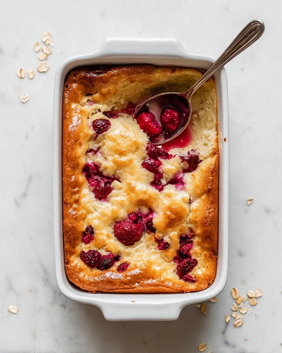 A white rectangular baking dish holds a freshly baked golden-brown dessert with a slightly uneven, glossy surface. Scattered throughout the top layer are deep red raspberries, some baked slightly into the batter, creating pockets of bright color and juicy texture. A spoon is placed inside the dish, breaking into the soft, thick cake-like base that appears moist and fluffy. The dish is set on a white marbled surface with a few scattered oat flakes around it, adding a rustic touch. photo taken with an iphone --ar 4:5 --v 7