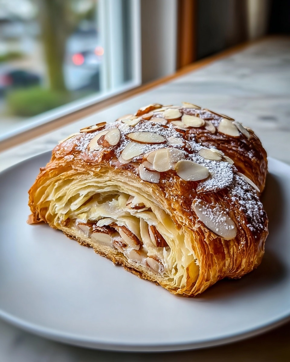 A golden brown croissant is cut in half and placed on a simple white plate, showing its flaky layers and nut-filled center. The inside has creamy white filling mixed with whole and sliced almonds, adding texture and color contrast. The top of the croissant is glossy and sprinkled with powdered sugar and more almond slices, giving it a crunchy look. The white marbled surface under the plate and soft natural light coming from a nearby window add a warm, cozy feel to the scene. photo taken with an iphone --ar 4:5 --v 7