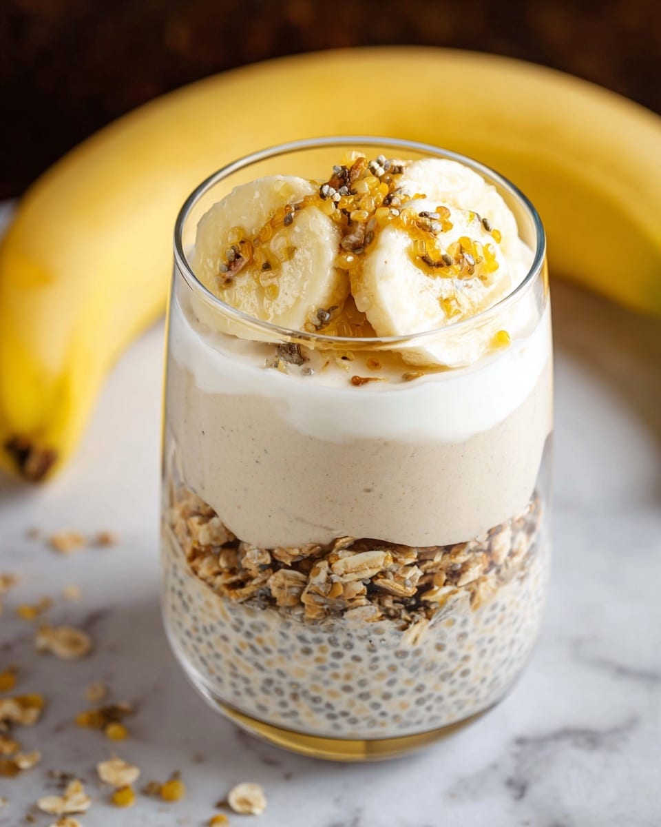 A clear glass filled with a layered banana chia pudding showing three main layers: at the bottom, a thick beige chia pudding with visible chia seeds and oats; followed by a smooth creamy beige yogurt-like layer in the middle; topped with fresh banana slices arranged in a small pile, sprinkled with golden granola bits and seeds. A whole banana is blurred in the background on a white marbled surface. photo taken with an iphone --ar 4:5 --v 7