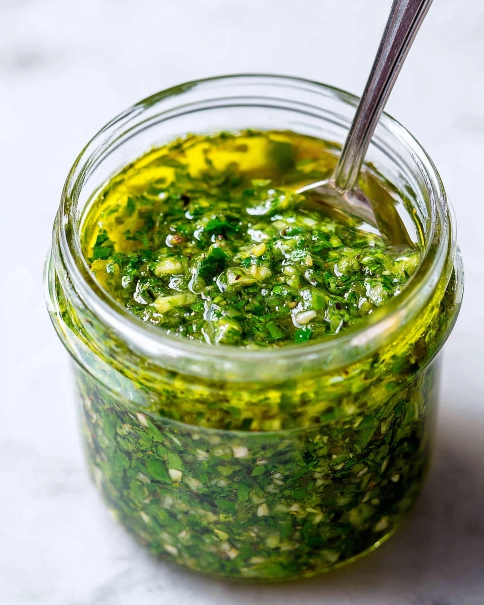 A clear glass jar filled with a green sauce that has a slightly chunky texture, showing finely chopped herbs and garlic pieces mixed with olive oil, giving a shiny and oily surface on top. A silver metal spoon is placed inside the jar. The jar sits on a white marbled surface. photo taken with an iphone --ar 4:5 --v 7