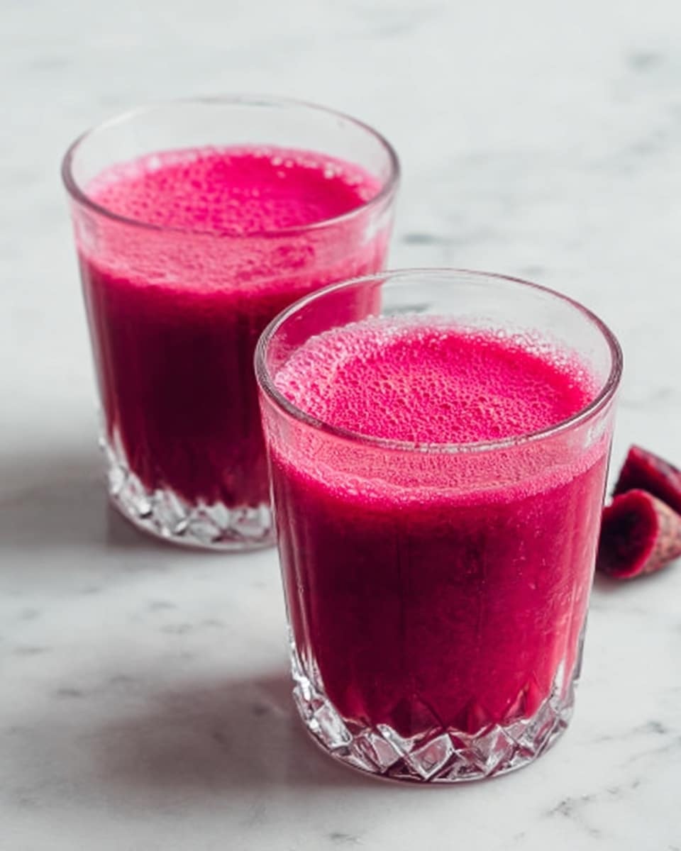 A clear glass filled with deep reddish-purple juice, smooth in texture with a thin layer of tiny bubbles on the surface, sitting on a white marbled table. Behind the glass is a white pot holding a green leafy plant with several broad leaves, adding a fresh touch to the scene. The scene is softly lit, highlighting the rich color of the juice and the smooth glass surface. photo taken with an iphone --ar 4:5 --v 7