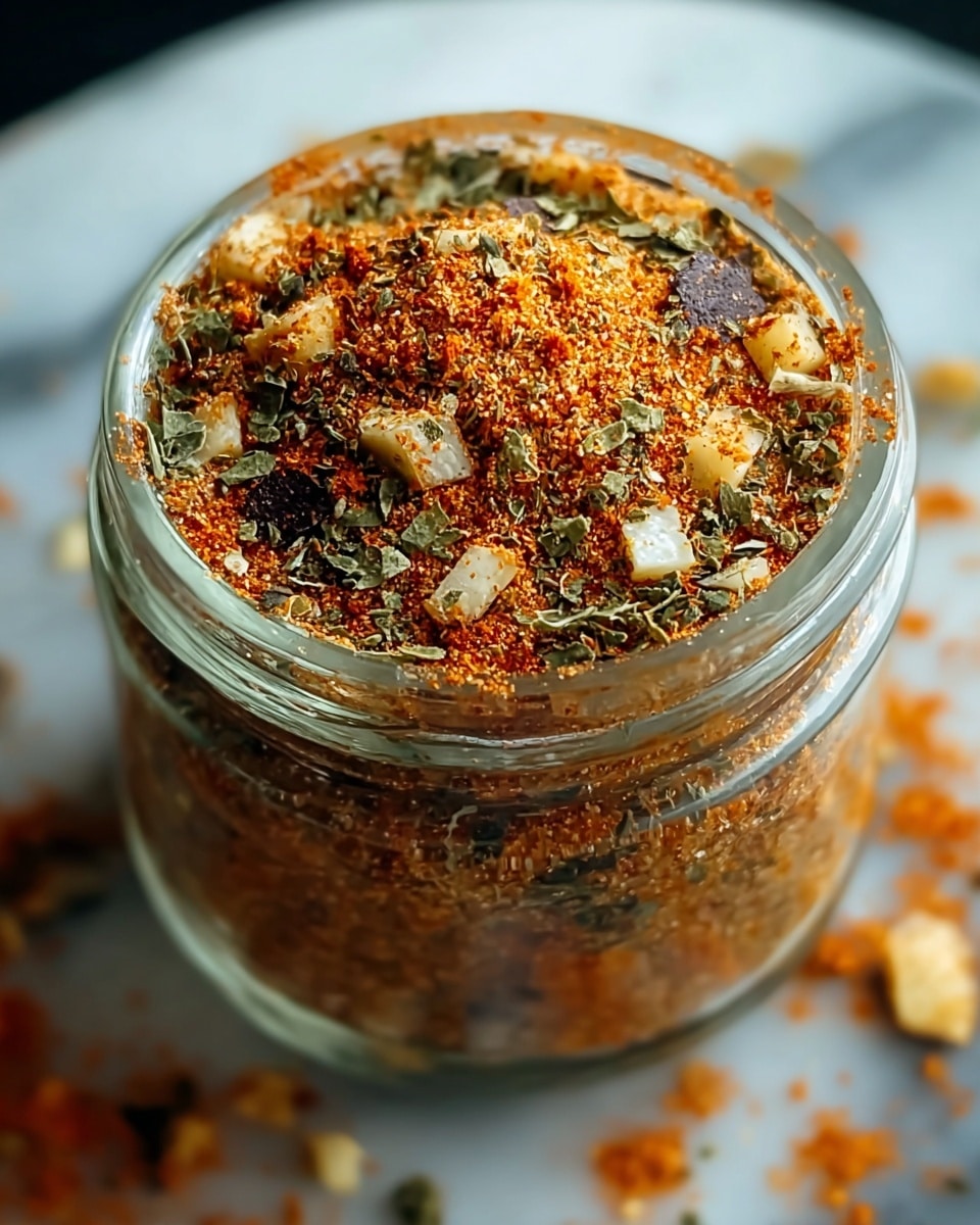 A close-up view of a clear glass jar filled with a textured spice mix. The mix inside has multiple layers of bright orange-red powder, small white chunks, dark red dried chili pieces, and green herb flecks, all mixed together unevenly. The top layer appears heaped with more of the same spicy mix, showing a rough, grainy surface and scattered green herbs. The jar sits on a white marbled surface with some loose spice bits around it, giving a vivid and colorful look. photo taken with an iphone --ar 4:5 --v 7