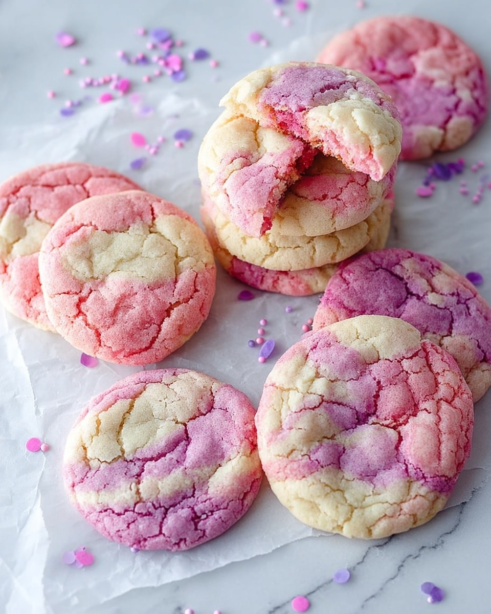 The image shows a group of round cookies with a cracked, textured surface, each cookie displaying two main colors: pink and white in a swirled, marbled pattern spread unevenly across the top. The cookies lie scattered on crumpled white parchment paper over a white marbled surface, with a few small loose pieces of purple and pink round confetti scattered around them. Some cookies are whole, while a couple are broken to reveal a crumbly interior matching the outer colors. photo taken with an iphone --ar 4:5 --v 7