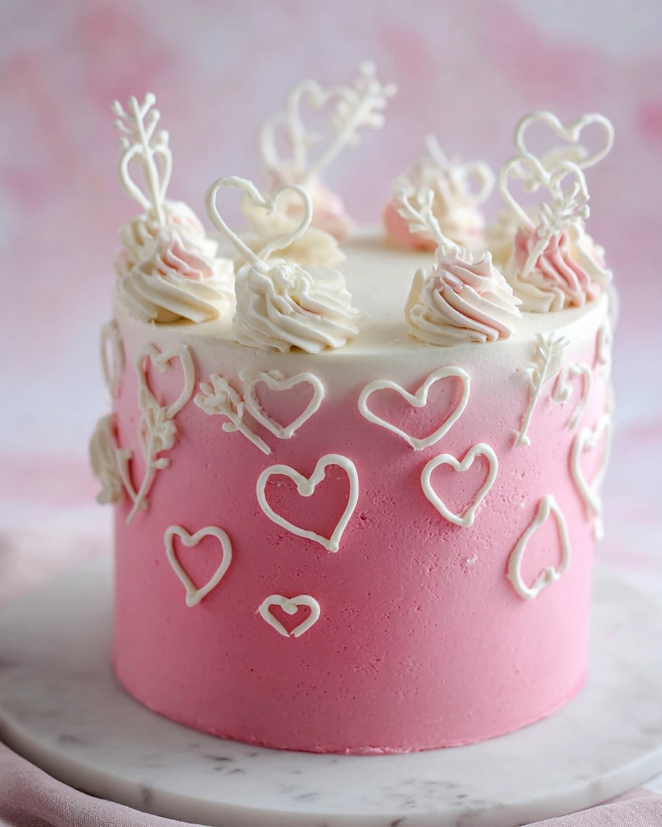 A tall cake with three layers is shown, each layer light beige with visible small red berry pieces inside. Between the layers, there is light pink cream. The cake is covered with smooth pink frosting on the upper two-thirds, and a white frosting wraps the bottom third. White heart-shaped decorations, varying in size and shape, cover the cake's outside and top, some standing upright. The cake sits on a white cake stand with a soft pink cloth and scattered raspberries around it on a white marbled surface. A slice is being lifted by a cake server, showing the inside layers clearly. Photo taken with an iphone --ar 4:5 --v 7