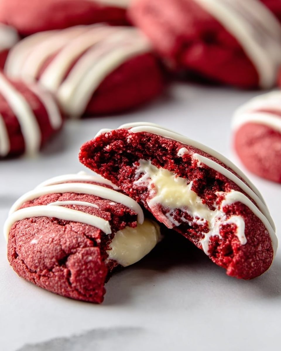 The image shows two red velvet cookies placed on a white marbled surface. One cookie is whole and flat on the surface, decorated with thin white icing lines drizzled across the top. The second cookie is propped up against the first one, broken in half to reveal a creamy white filling inside. The red cookie dough is soft and slightly crumbly, with a rich, deep red color contrasting with the smooth white filling and icing. The background also contains more blurred cookies, maintaining the focus on the two front pieces. Photo taken with an iphone --ar 4:5 --v 7