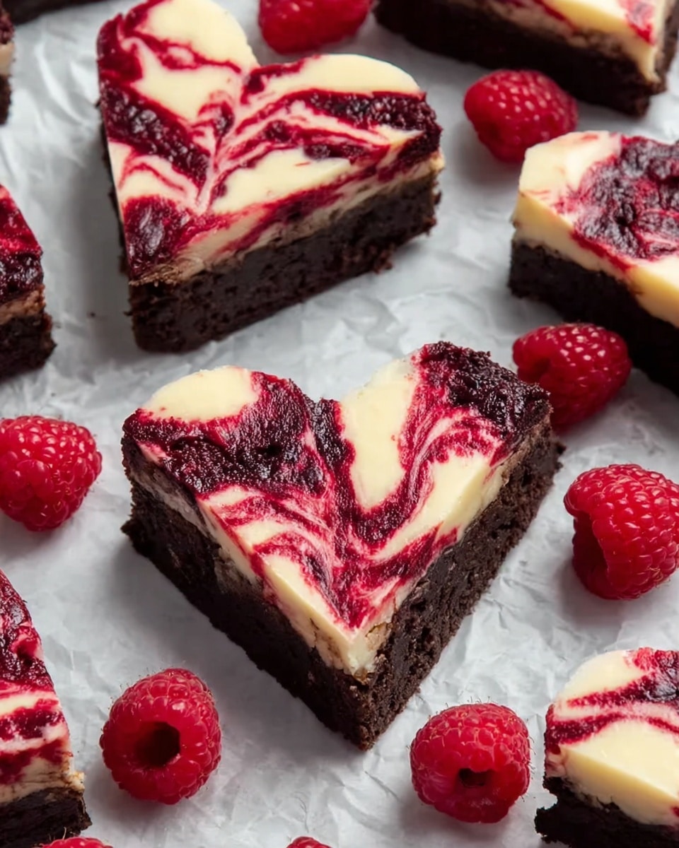 The image shows three thick, heart-shaped desserts stacked on a white marbled surface, with a close-up focus on the top heart-shaped piece leaning forward. Each dessert has two layers: the bottom is a dark, dense chocolate brownie layer with a rough texture, and the top is a creamy cheesecake layer with smooth white color swirled with bright red raspberry sauce creating a marbled effect. The raspberry swirls vary in thickness and curve elegantly over the cheesecake. Around the desserts, fresh whole raspberries are scattered. Photo taken with an iphone --ar 4:5 --v 7