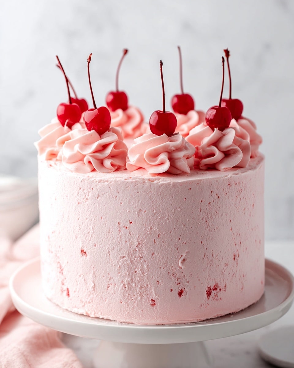 A slice of pink layered cake sits on a white plate on a white marbled surface, showing three thick layers of soft pink cake with red fruit pieces inside, separated by two layers of light pink frosting. The outside is covered with smooth light pink frosting, and a swirl of pink frosting with two bright red cherries with stems decorates one side at the base of the slice. Another plate with a similar slice is partly visible in the background. Photo taken with an iphone --ar 4:5 --v 7