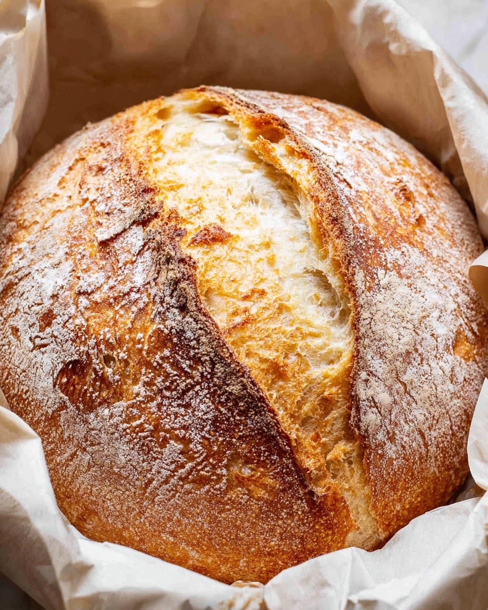 A round loaf of bread with a golden-brown crust sits in a white baking dish lined with crumpled parchment paper. The bread has a crispy texture on top and a dusting of white flour over the surface. There is a deep, oval-shaped score down the middle revealing a soft, lighter inside. The white baking dish contrasts with the wooden table it rests on, creating a warm and rustic feel. photo taken with an iphone --ar 4:5 --v 7