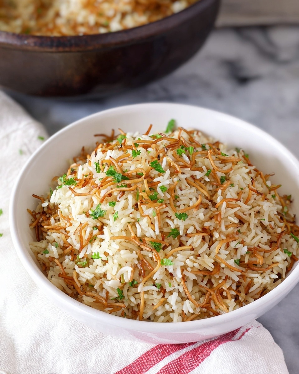 A close-up view of a white bowl filled with cooked rice mixed with thin, golden brown toasted noodles. The rice grains are long and white with a soft texture, while the toasted noodles add a crunchy, brown contrast around the top layer. Small green cilantro leaves are scattered evenly on the rice, adding a touch of fresh green color. The bowl is placed on a white marbled surface. Photo taken with an iphone --ar 4:5 --v 7