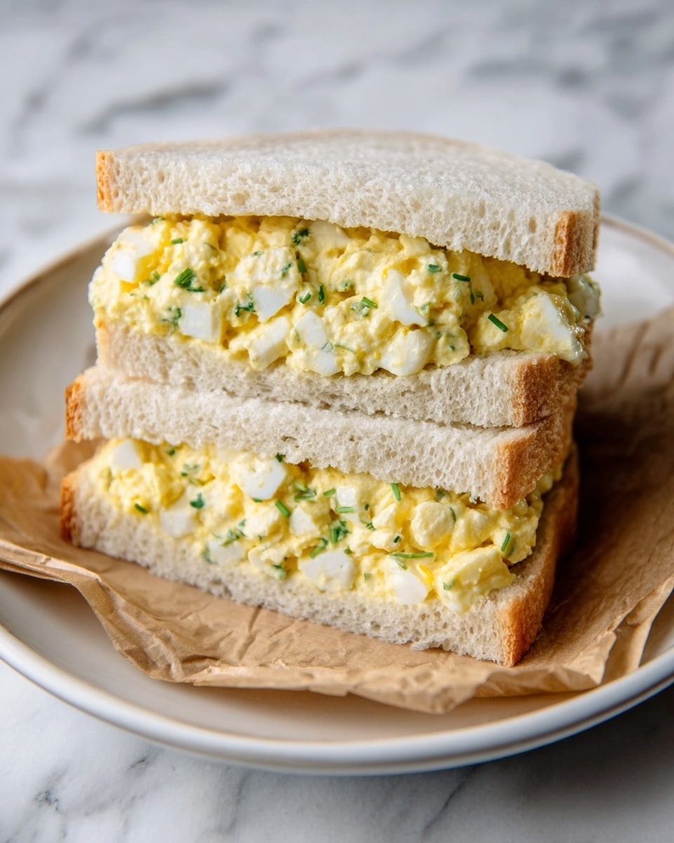 The image shows four pieces of egg salad sandwiches arranged in a row on a white marbled surface. Each sandwich has two soft white bread slices with a thick middle layer of creamy yellow egg salad mixed with small bits of green herbs. The bread looks fresh and fluffy with clean edges. The egg salad layer is evenly spread and slightly textured, topped with small chopped green onions. A woman's hand is reaching toward one of the sandwiches from the lower left side. Photo taken with an iphone --ar 4:5 --v 7