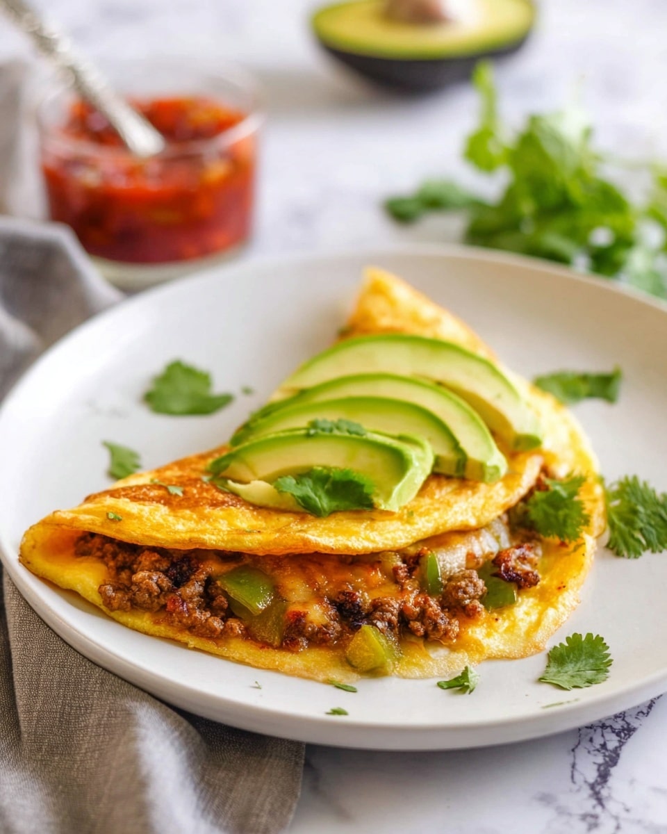 A folded golden-yellow omelet sits on a white plate, slightly browned on the edges, with visible chunks of cooked sausage and green peppers peeking out from underneath. On top of the omelet are neatly sliced layers of pale green avocado fanned out, topped with a bright red dollop of chunky salsa. Fresh green cilantro leaves are scattered on and around the omelet for garnish, with some black pepper sprinkled lightly over the dish. The plate rests on a soft gray cloth on a white marbled surface, with half an avocado visible in the corner. Photo taken with an iphone --ar 4:5 --v 7
