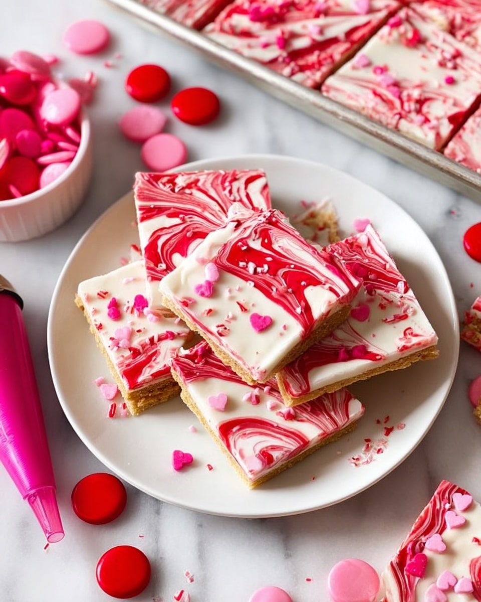 The image shows a small stack of three layered sweet crackers tied with a red and white striped string. Each layer has a golden brown cracker base, a thick caramel middle layer, and a smooth white frosting top decorated with pink and red swirls and small heart-shaped sprinkles. Tiny pink and red candy pieces are scattered on the white marbled surface around the stack, and a white plate with similar treats is blurred in the background. photo taken with an iphone --ar 4:5 --v 7