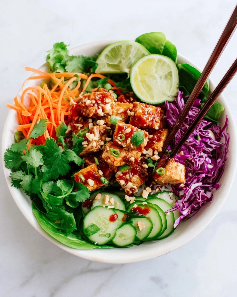 A white bowl filled with a colorful layered salad starting with a base of green leafy lettuce and spinach at the bottom, followed by sliced green cucumber rounds and thin orange carrot strips positioned around the edges. On one side, there is a pile of shredded bright purple cabbage. In the center, chunks of reddish-brown seasoned tofu sit topped with a drizzle of red sauce and sprinkled with pale sesame seeds and crushed peanuts. Fresh green cilantro leaves and lime wedges are arranged on top and on the sides for garnish. Dark wooden chopsticks grasp a piece of tofu on the right side of the bowl. The bowl is placed on a white marbled surface. photo taken with an iphone --ar 4:5 --v 7
