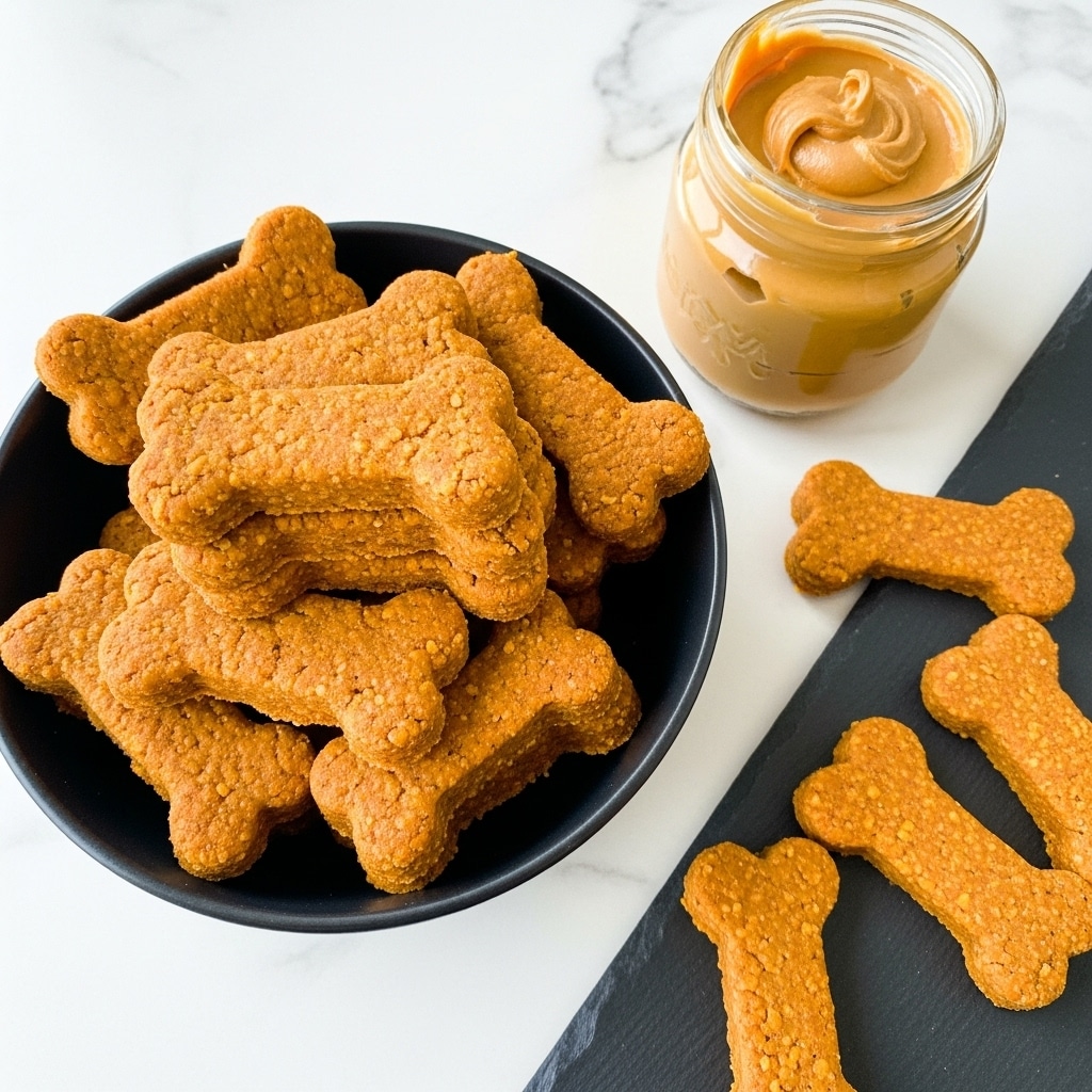 A black bowl filled with many bone-shaped dog biscuits, all light brown with a slightly rough texture and stacked unevenly. Behind the bowl, a brown and white dog with big round eyes is resting on a soft dark brown blanket. The background shows a white marbled texture softly blurred. The focus is sharp on the biscuits and the dog’s face, showing fine fur details and biscuit crumb texture. photo taken with an iphone --ar 4:5 --v 7