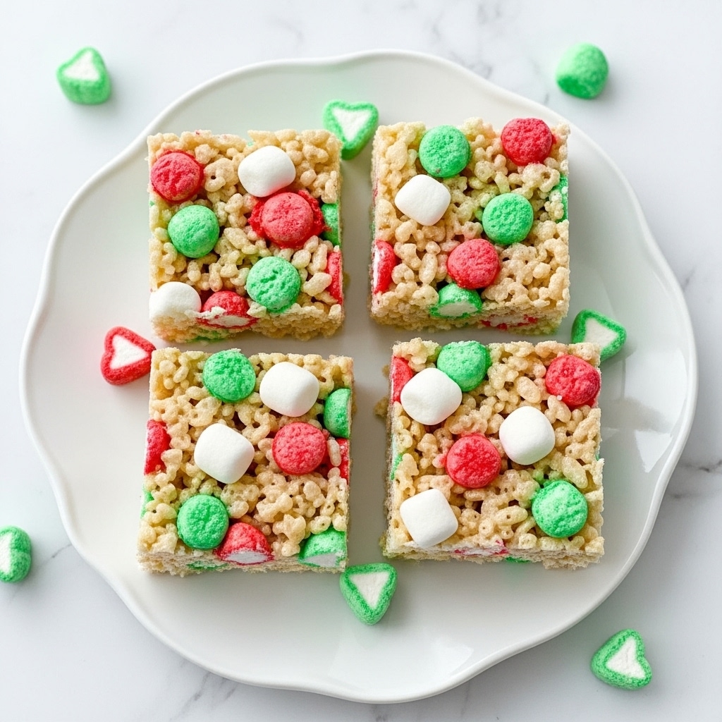 The image shows nine rice crispy treats cut into squares and arranged on crumpled parchment paper over a white marbled surface. Each treat has three visible layers: the bottom and middle layers are sticky, light beige puffed rice cereal mixed with melted marshmallow, while the top layer is sprinkled with red and green colored puffed rice, adding bright festive colors and a slightly crunchy texture. The treats have a glossy finish from the melted binding and are bordered by clean, straight edges. Three white mini marshmallows lie to the side, and part of a white and red striped cloth is visible in the top left corner. Photo taken with an iphone --ar 4:5 --v 7