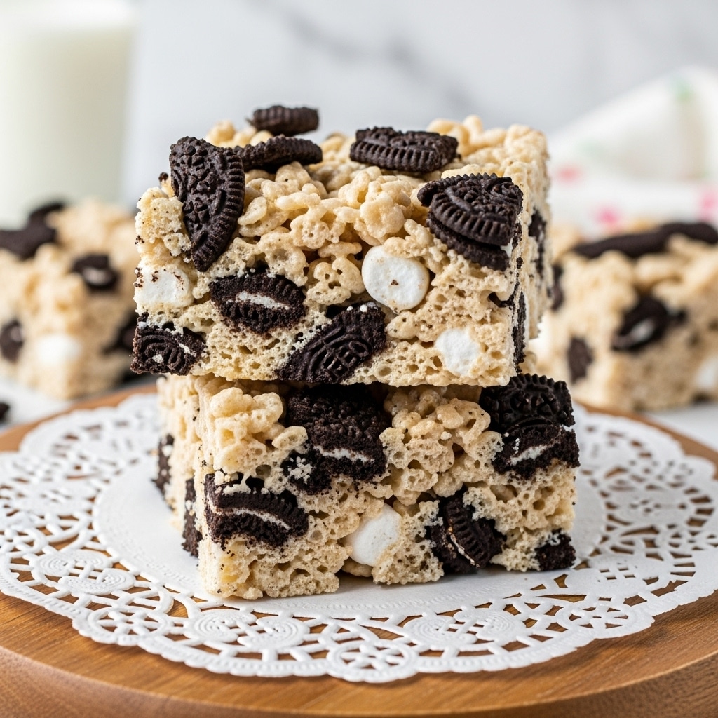 A stack of three square treats made from light tan crispy rice cereal mixed with melted marshmallows, creating a sticky and chewy texture with small bubbles visible. Each piece is generously speckled with dark brown, crumbled chocolate sandwich cookie bits throughout all the layers, adding a rough, crumbly texture. The top piece also has larger cookie crumbs scattered on top, giving a cracked, uneven surface. The treats rest on a white marbled texture with a soft, blurred background showing a white bowl and a blue mug. Small white mini marshmallows and a few loose cereal pieces are scattered around the stack. Photo taken with an iphone --ar 4:5 --v 7