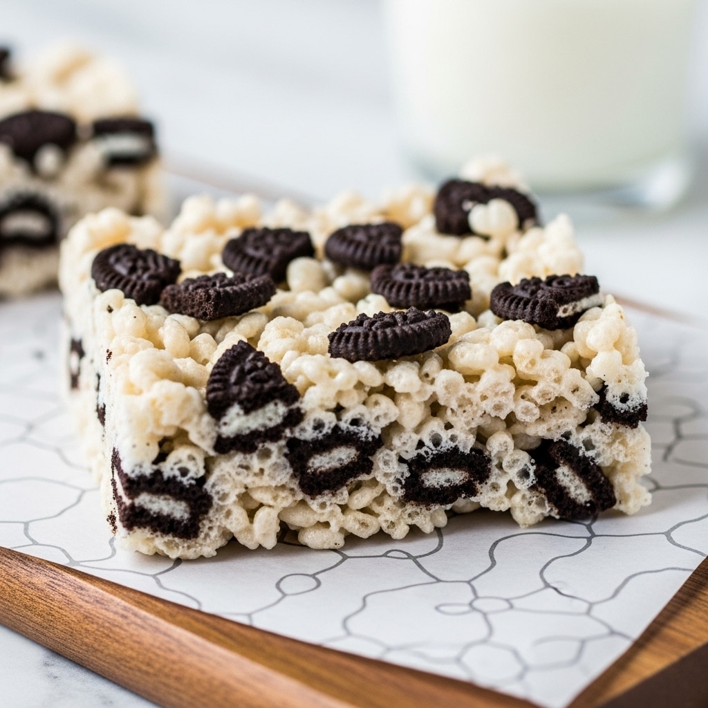A close-up view of a blue baking dish lined with white parchment paper, filled with a single thick layer of crispy rice cereal treat mixed with pieces of crushed chocolate cookies, creating a texture mix of light golden brown and dark specks throughout. The dish sits on a white marbled surface with a small bowl of plain crispy rice cereal in the top left corner and three whole chocolate sandwich cookies stacked on the top right side. Scattered cereal pieces and mini marshmallows are visible near the bottom side of the dish. Photo taken with an iphone --ar 4:5 --v 7