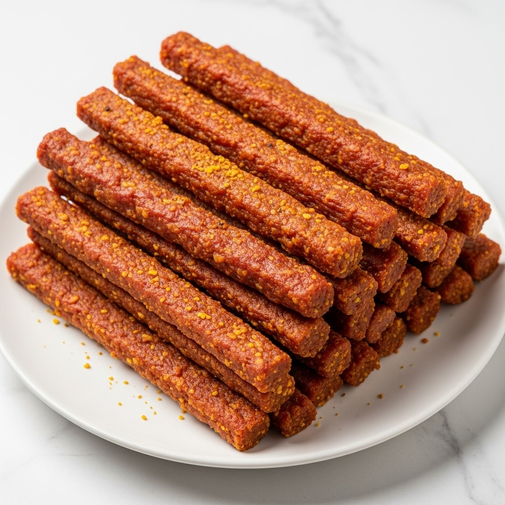 A white plate is filled with a neat stack of about twelve crispy, thin sticks that are reddish-brown with white patches of coating. Each stick has a rough, crunchy texture with some crumbly bits clinging to them. The sticks are lined up mostly parallel and tightly packed, showing their uneven, crispy edges and a slightly twisted shape. The white marbled surface underneath adds contrast to the bright, crunchy seasoning on the sticks. photo taken with an iphone --ar 4:5 --v 7