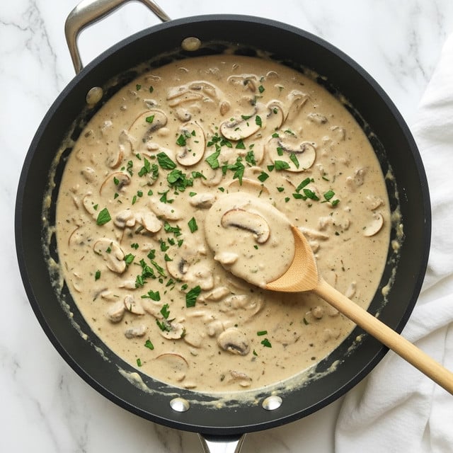 A black pan filled with creamy mushroom sauce that has a light tan color with small pieces of sliced mushrooms and some chopped green herbs sprinkled on top. A wooden spoon is in the pan, scooping up the sauce, showing its thick and smooth texture. The pan sits on a white marbled texture with a white cloth nearby, creating a simple and clean setting. Photo taken with an iphone --ar 4:5 --v 7