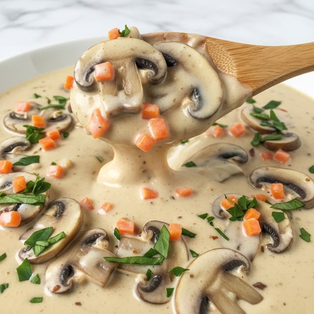 The image shows a close-up of a creamy mushroom sauce with visible slices of brown mushrooms coated in thick beige sauce. The sauce has small orange bits, likely finely chopped carrots, mixed throughout and is garnished with small pieces of green herbs scattered on top. A wooden spoon lifts a portion of the sauce, highlighting its smooth and rich texture, with the mushrooms and sauce layers clearly visible. The background has a white marbled texture. photo taken with an iphone --ar 4:5 --v 7