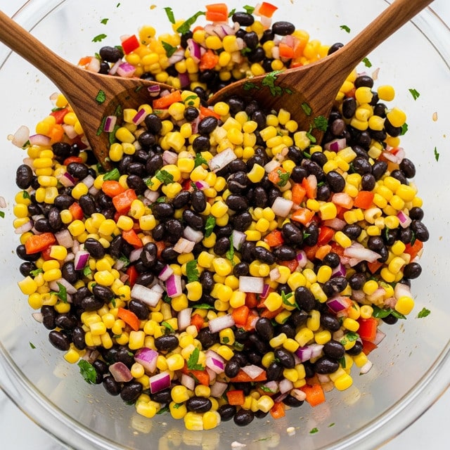 A clear bowl holds a colorful mix of black beans, bright yellow corn, finely chopped red and orange bell peppers, small pieces of purple onion, and bits of green herbs, all evenly combined. Wooden spoons are partially visible, stirring the vibrant salad, which has a fresh and glossy look from a light dressing. The close-up shows the textures of each ingredient clearly against a white marbled background. photo taken with an iphone --ar 4:5 --v 7